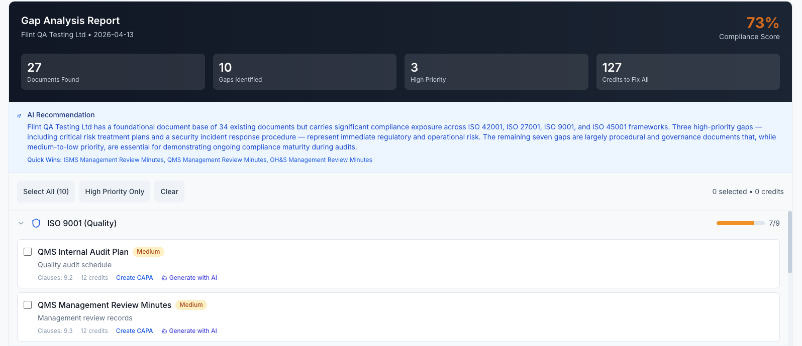 AI gap analysis — findings mapped to ISO clauses with suggested CAPAs